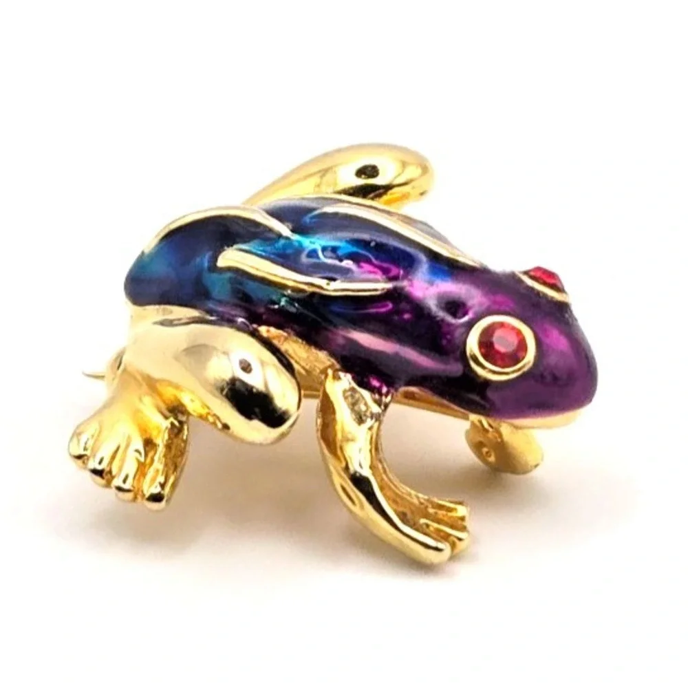 Small Gold Tone Blue and Purple Enamal Frog Brooch / Pin Red Rhinestone Eyes
